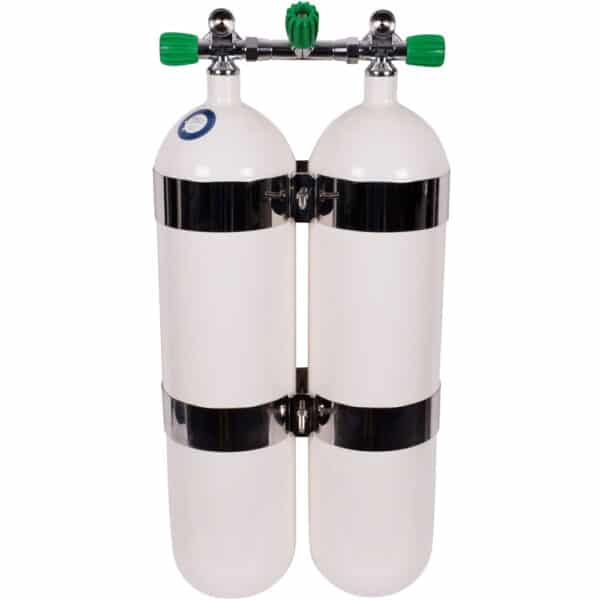 12 Liter long Steel Twinset 230 Bar with Manifold with Centre Isolator Valve